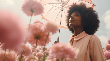 Young african american woman with umbrella in pink flower field.の素材