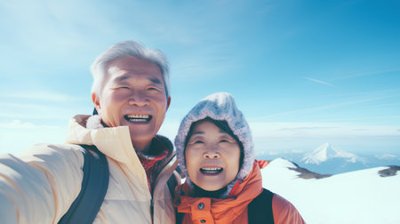 Asian senior couple taking selfie on the top of mountain in winter.の素材
