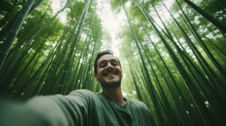 Man taking a selfie in a bamboo forest in Arashiyama, Kyoto, Japanの素材