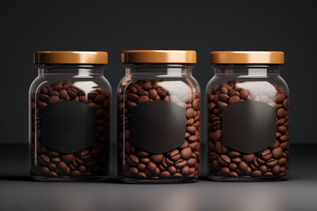 Coffee beans in glass jars on dark background. 3d renderingの素材