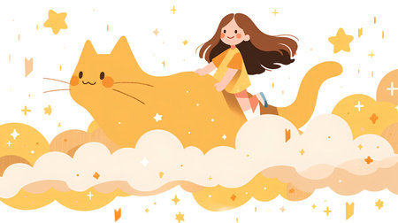 Cute girl playing with cat on the cloud. Vector illustration.の素材