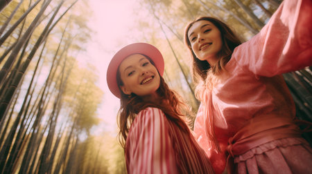 Two young women taking selfie in a bamboo grove in autumn.の素材