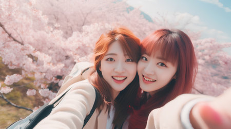 two asian women taking selfie with cherry blossom in japanの素材