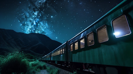 Train in the mountains at night with starry sky and milky wayの素材