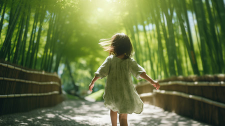 Little girl in a green dress walking in a bamboo grove.の素材