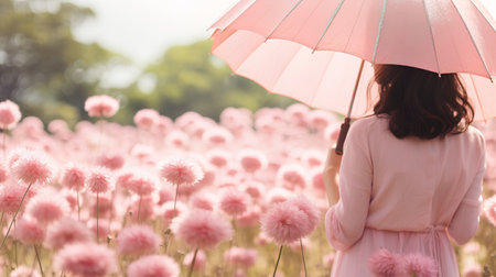 Young woman with umbrella in pink flower field, soft focus background.の素材