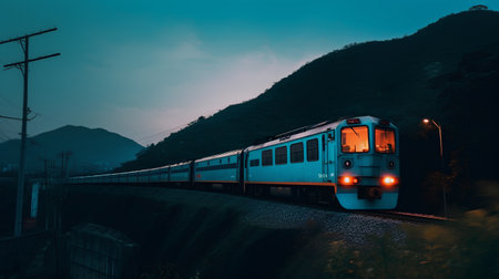 Train on the railway in the mountains at night. Railway transportation.の素材