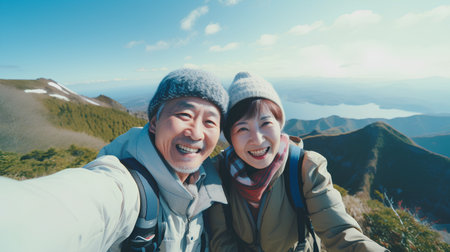 Senior couple taking a selfie in the mountains. Asian people travel relax in holiday.の素材