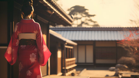 Asian woman wearing a red kimono in front of a Japanese houseの素材