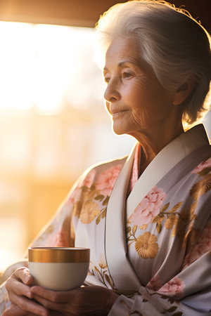 Portrait of a beautiful senior woman holding cup of tea at homeの素材