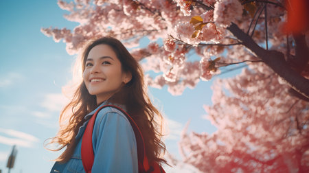 Beautiful asian woman walking in the park with cherry blossomの素材