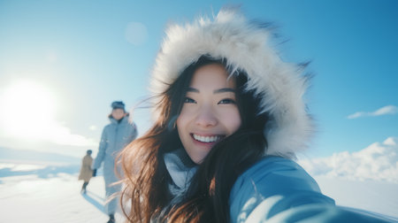 Beautiful asian woman and man in winter clothes on snow fieldの素材