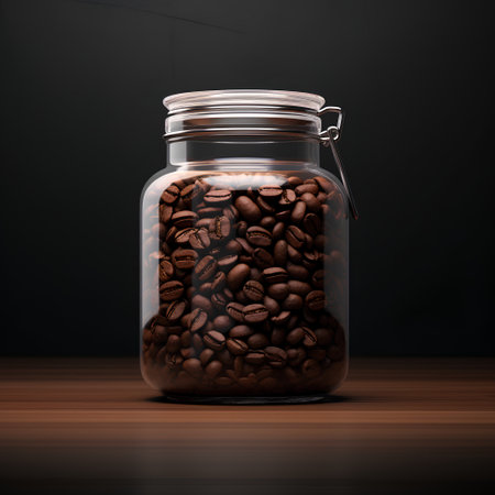 Coffee beans in glass jar on wooden table. 3d renderingの素材