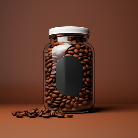 Coffee beans in a glass jar on a brown background. 3d renderingの素材
