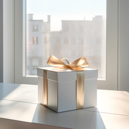 White gift box with golden bow on the windowsill. 3D renderingの素材