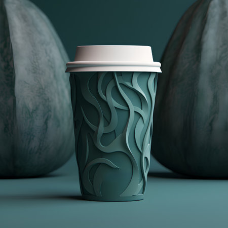 3D render of a paper coffee cup with a pattern on a green backgroundの素材