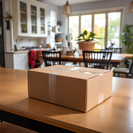 Empty cardboard box on wooden table in modern living room, stock photoの素材