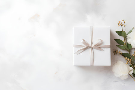Gift box with white flowersle background. Flat lay, top view, copy space.の素材