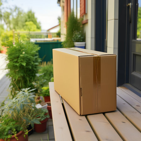 Cardboard box on the terrace of the house. Delivery concept.の素材