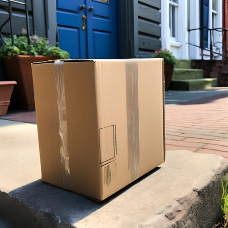 A cardboard box stands on the doorstep of a house in the city.の素材