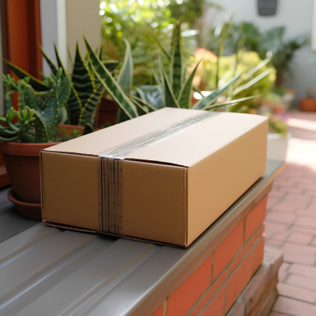 Cardboard box on the balcony with succulent plants in the backgroundの素材