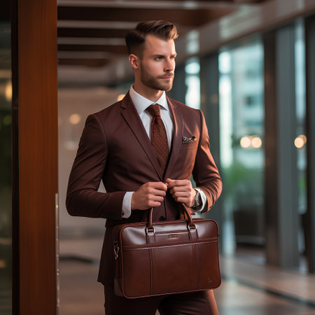 Handsome young man in elegant suit is holding a leather briefcase and looking away while standing in the officeの素材