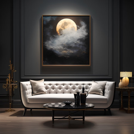 Luxury interior with a white sofa, a coffee table and a moon in the wall. 3d renderの素材