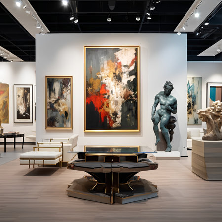 3D rendering of a modern art gallery interior with sculptures and paintingsの素材