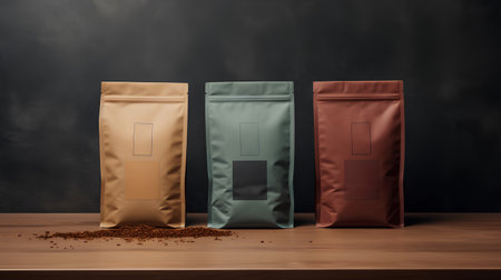 3d rendering of a row of coffee bags on a wooden tableの素材