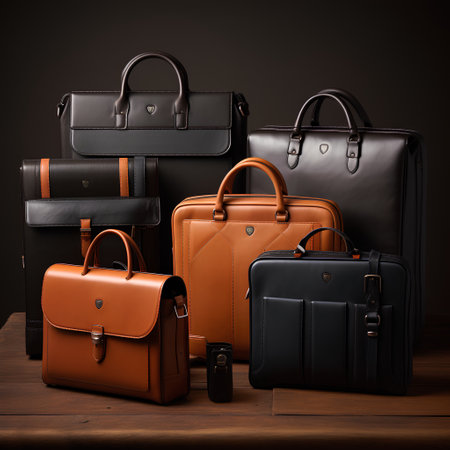 Group of leather briefcases on a wooden table. 3d renderingの素材