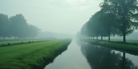 Foggy morning in the meadow with trees and canal.の素材