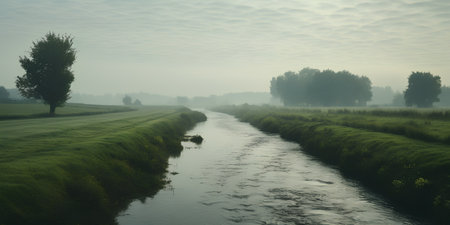 Rural landscape with a river and trees in the morning fog.の素材