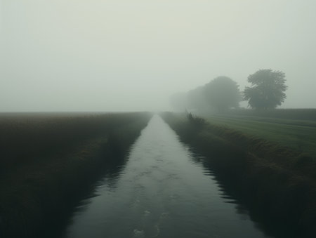 Foggy landscape with a canal and trees in the background.の素材