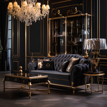 Luxury black sofa in classic interior. 3d render illustrationの素材