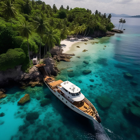 Aerial view of luxury yacht on the tropical beach with palm treesの素材