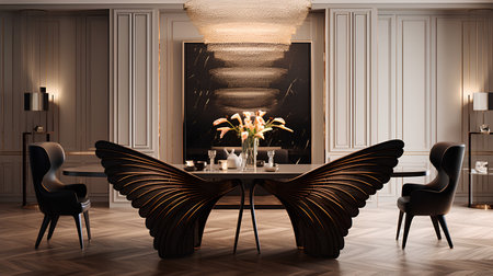 Dining room interior with black armchairs, wooden floor, round table and parquet. 3d renderの素材