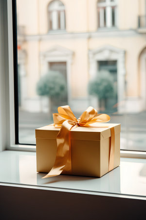 gift box with golden bow on the windowsill. 3d renderingの素材