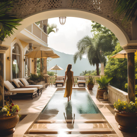Beautiful young woman standing near swimming pool in luxury villa.の素材