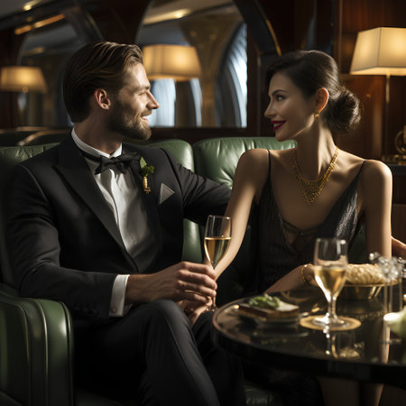 Luxury couple in evening dresses sitting in a luxurious restaurant.の素材