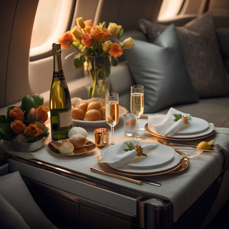 Wedding table served with champagne and croissants in planeの素材
