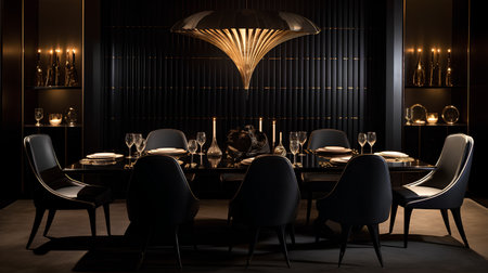 3d rendering luxury dining room and chandelier in black toneの素材