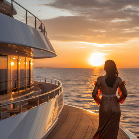 Beautiful young woman in a long evening dress on the deck of a yacht at sunsetの素材