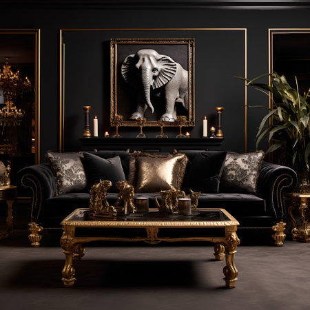 Luxury black sofa with gold pillows in classic interior. 3d renderの素材