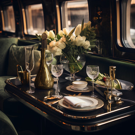 Luxury dinner table in a luxury restaurant. Toned imageの素材