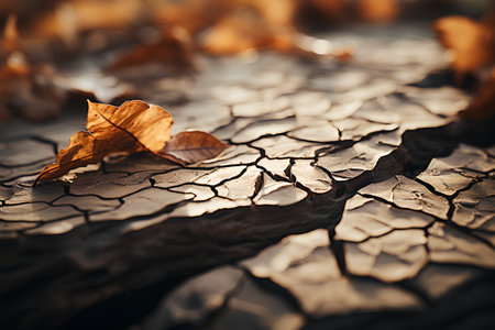 Dry and cracked earth with autumn leaves. Selective focus.の素材
