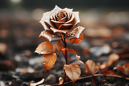 beautiful rose on a background of dry leaves, close-upの素材
