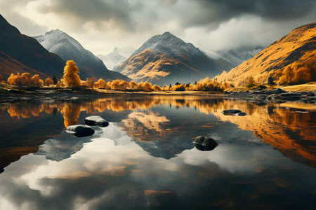 Beautiful autumn landscape with mountain lake and sky reflected in water.の素材