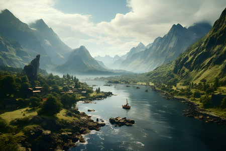 Fantasy landscape with mountains and river. 3d render illustration.の素材