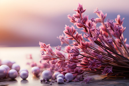 Bouquet of lavender and beads on a wooden table.の素材