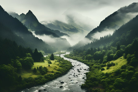 Mountain landscape with a river in the foggy valley. Toned.の素材